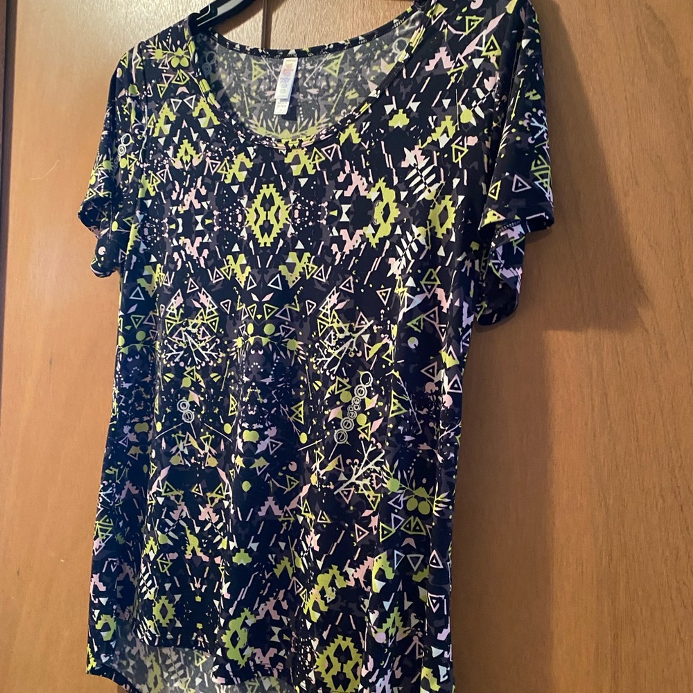 LuLaRoe Blue and Yellow Graphic Fitted T-Shirt